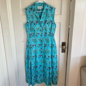 Saloni Eddie B teal blue floral linen midi dress size US8